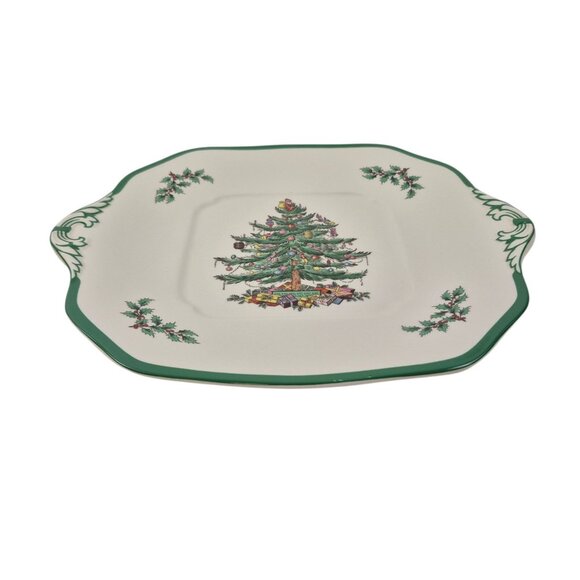 Spode Christmas Tree Handled Cake Plate S3324 R England Green Trim Indent - Picture 8 of 10